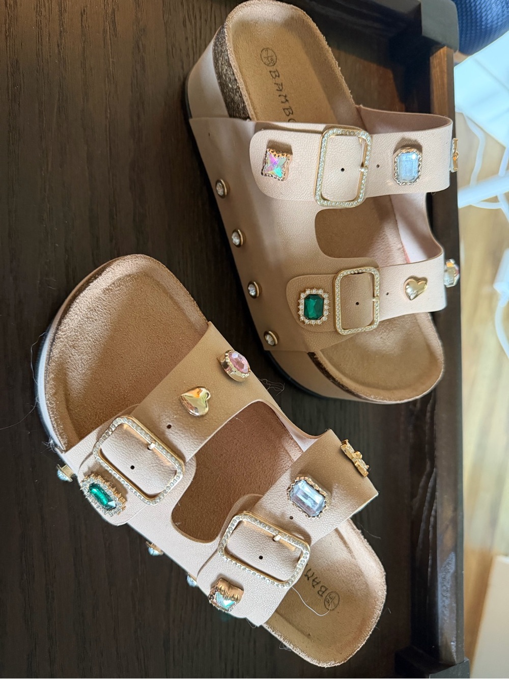 BAMBOO Nude/Tan Jeweled Double-Buckle Wedge Sandals